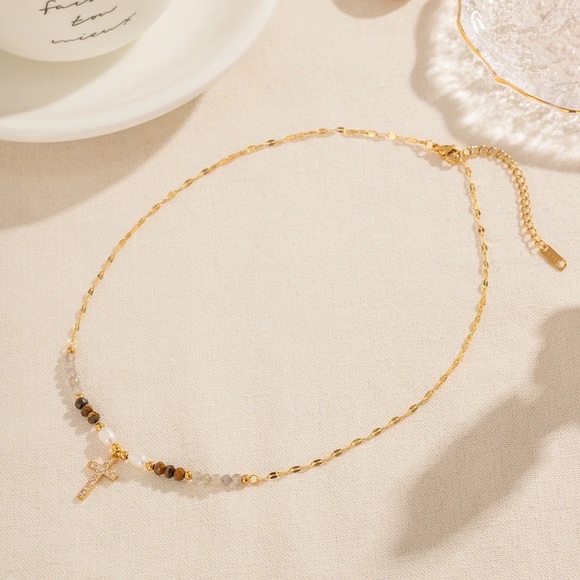 18k Gold Plated Gemstone Pearl Zirconia Cross Beaded Necklace - Picture 4 of 10